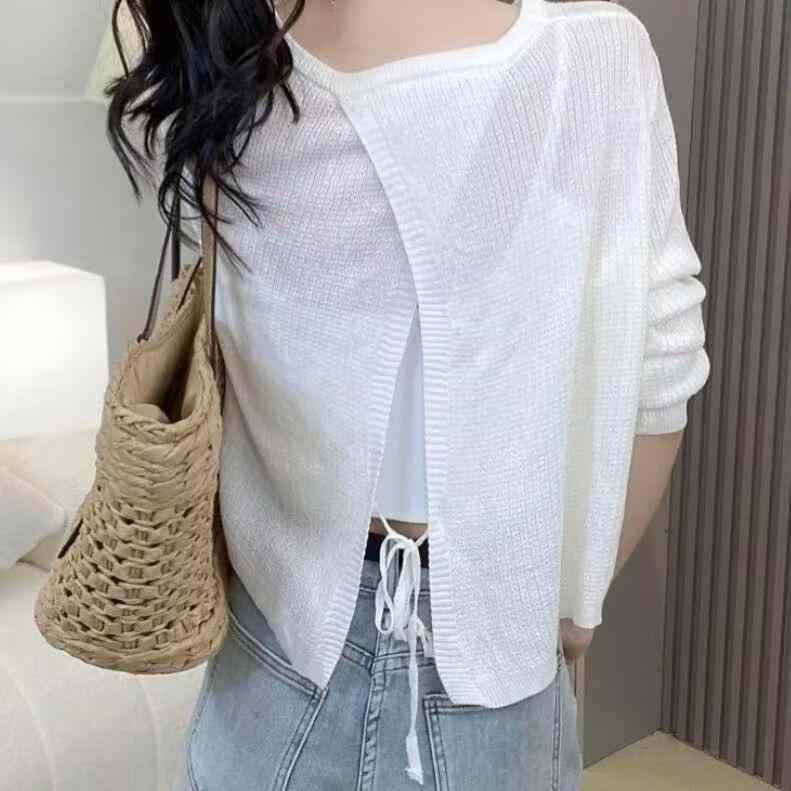 Tシャツ レディース 春夏 秋冬 韓国 ニット トップス カットソー 薄手 日焼け防止 後ろ スリット 半袖 カジュアル スタイル