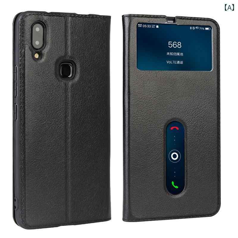 スマホケース VIVO NEX用 カーフレザー フリップカバー 耐衝撃 窓付き スタンド機能 ワインレッド 焦茶色 ブラック
