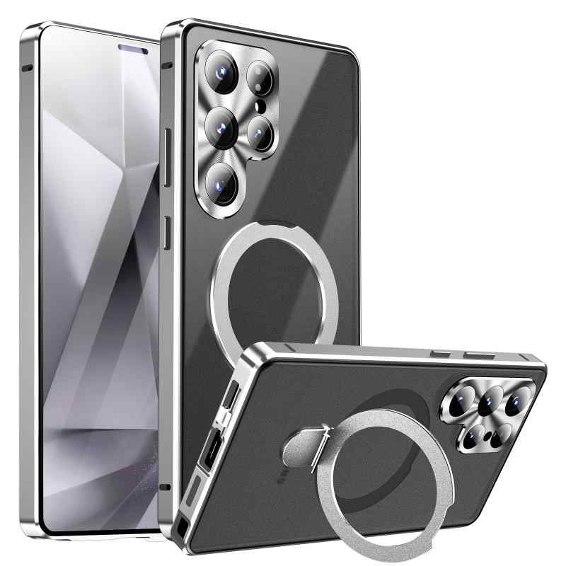 スマホケース Samsung S25 Ultra S24 Ultra S23 Ultra 対応 金属製 マグネット内蔵 クリア 全面保護 耐衝撃 スタンド機能付き