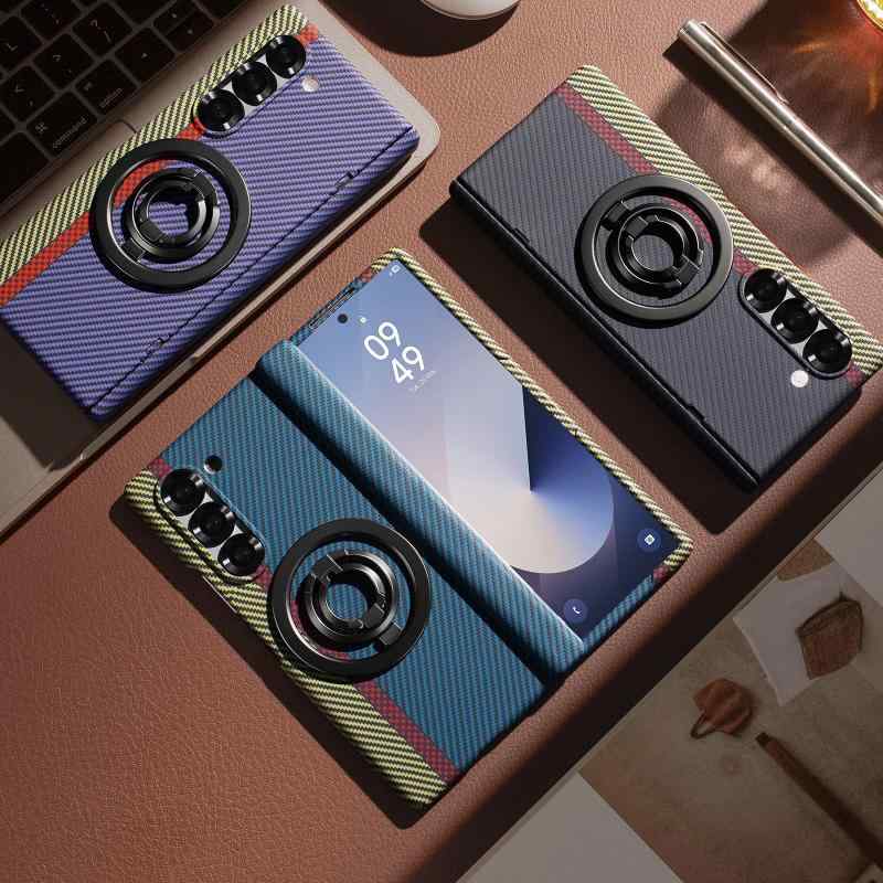 スマホケース サムスン Z FOLD7 炭素繊維柄 ヒンジ保護 全面保護ケース 回転スタンド付き