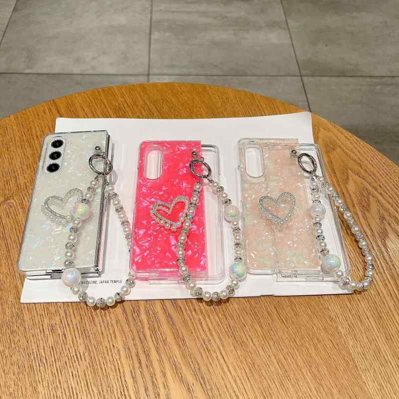 スマホケース Galaxy レディース シェル柄 かわいい ハートチェーン付き ギャラクシー カバー 大人可愛い おしゃれ2