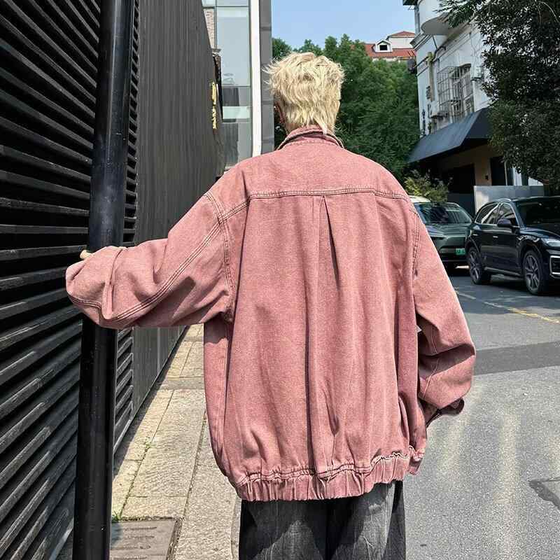ジャケット 男性用 デニム ウォッシュド 立襟 ヒップホップ カジュアル トップス ヴィンテージ風 リラックス 小・異