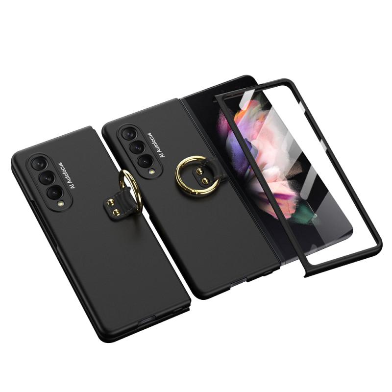 スマホケース Samsung Z Fold3 全面保護 薄型 指紋防止 リング スタンド機能 耐衝撃 ブラック