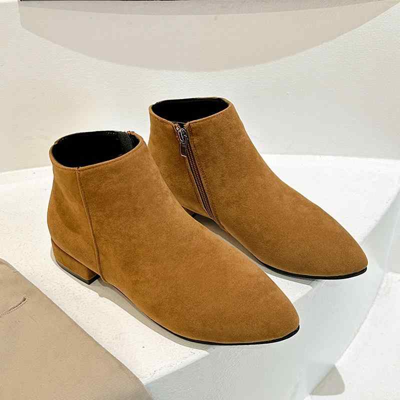 ブーツ レディース 秋冬 外ファスナー ポインテッドトゥ 太ヒール チャンキーヒール 歩きやすい 履きやすい 美脚 脚長効果 カジュアル 普段使い ショートブーツ