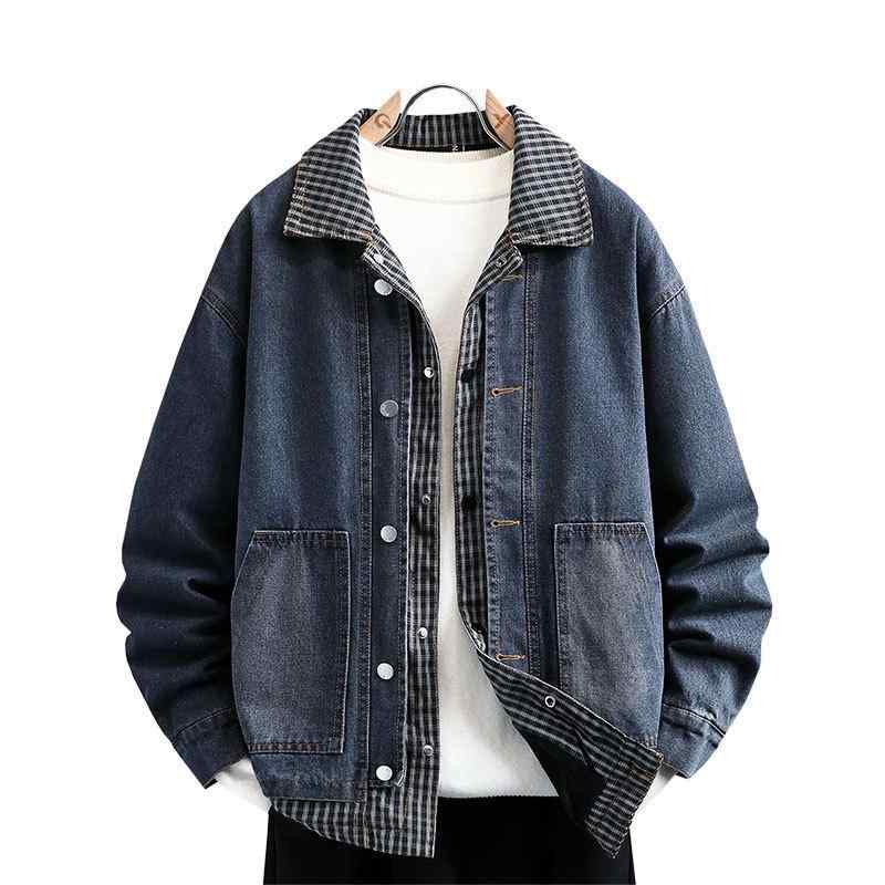 ジャケット メンズ 男性用 冬用 裏起毛 デニムジャケット 韓国 チェック柄 切り替え 厚手 あったか アウター