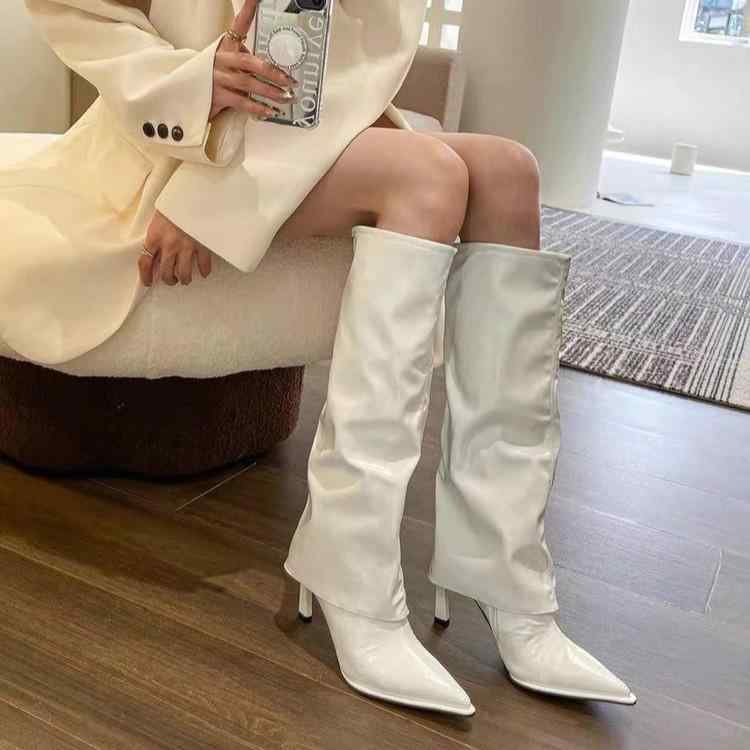 ブーツ レディース ハイヒール ロングブーツ ポインテッドトゥ 美脚 サイドジップ 膝下 普段使い お出かけ パーティー