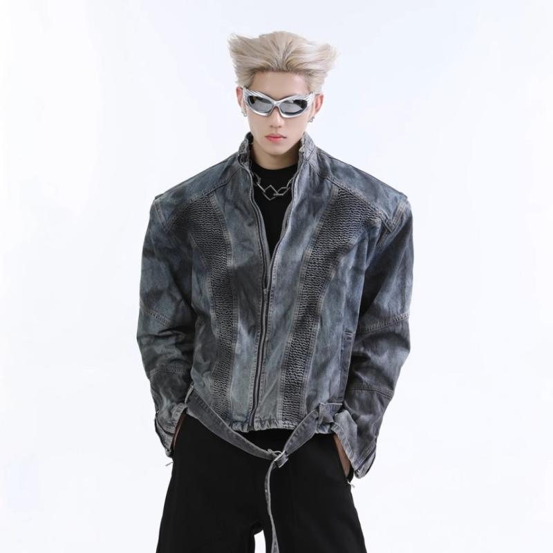 ジャケット メンズ 男性用 デニム ウォッシュ加工 ダメージ クラッシュ レトロ 百搭 カジュアル 普段使い ライダース バイク 秋冬