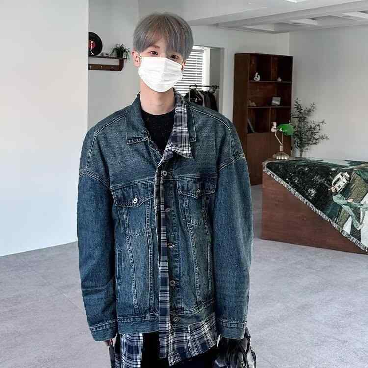 ジャケット メンズ 男性用 レトロ 格子柄 不規則 切り替え デニム Gジャン ブルゾン ゆったり 春秋