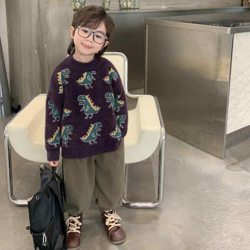 ニット キッズ 子供服 秋冬 男女兼用 カートゥーン 恐竜 ジャカード プルオーバー セーター ミンクカシミア風 暖かい かわいい 普段使い