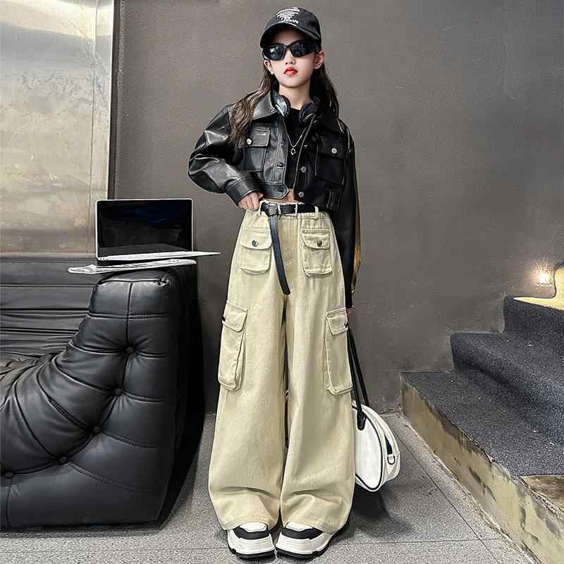 キッズ 皮ジャン 上下セット 春秋 韓国風 おしゃれ ブルゾン カーゴパンツ 2点セット かわいい 女の子 子供服 ガールズ 秋服 春服