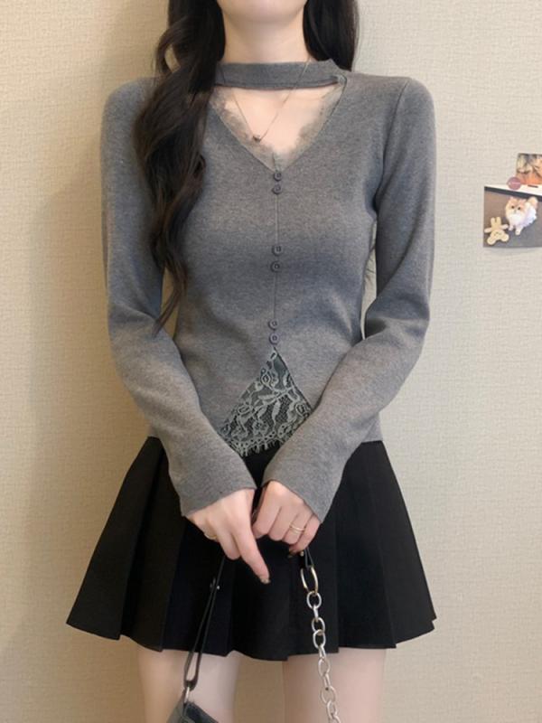 ニット レディース 秋冬 皮草 インナー トップス Vネック ショート丈 接触冷感 小柄 灰色 普段使い かわいい