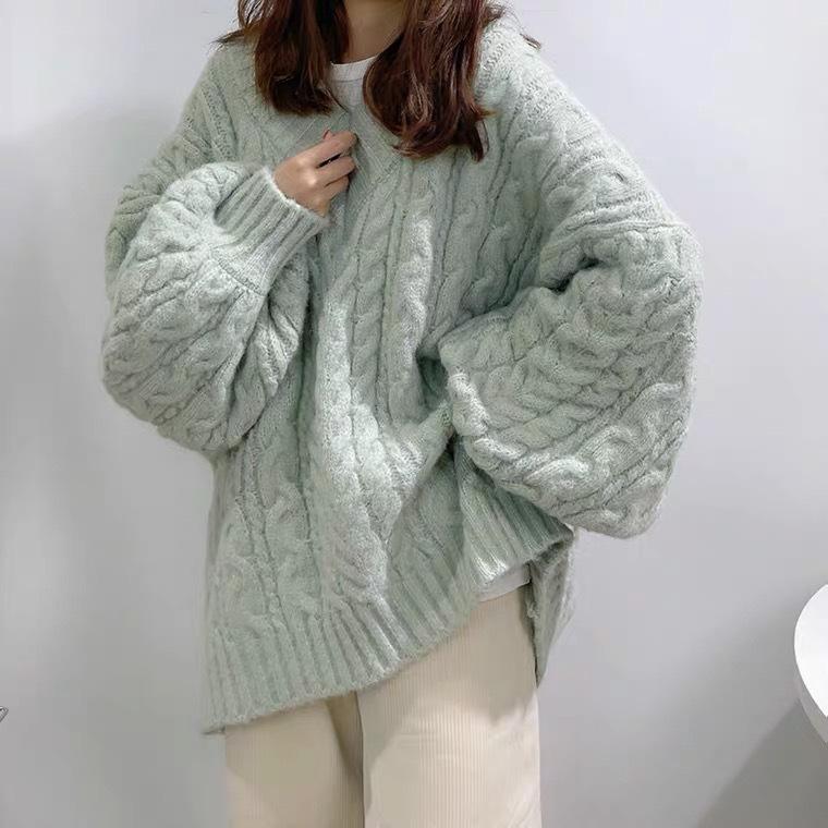 ニット レディース Vネック ニットソー 厚手 ケーブル編み ゆったり 体型カバー 高級感 トップス 秋冬 新着