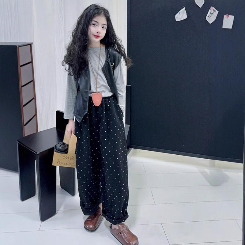 子供服 ベスト セットアップ 韓国風 春秋 波ドット柄 ストレート ズボン ワイドレッグ パンツ