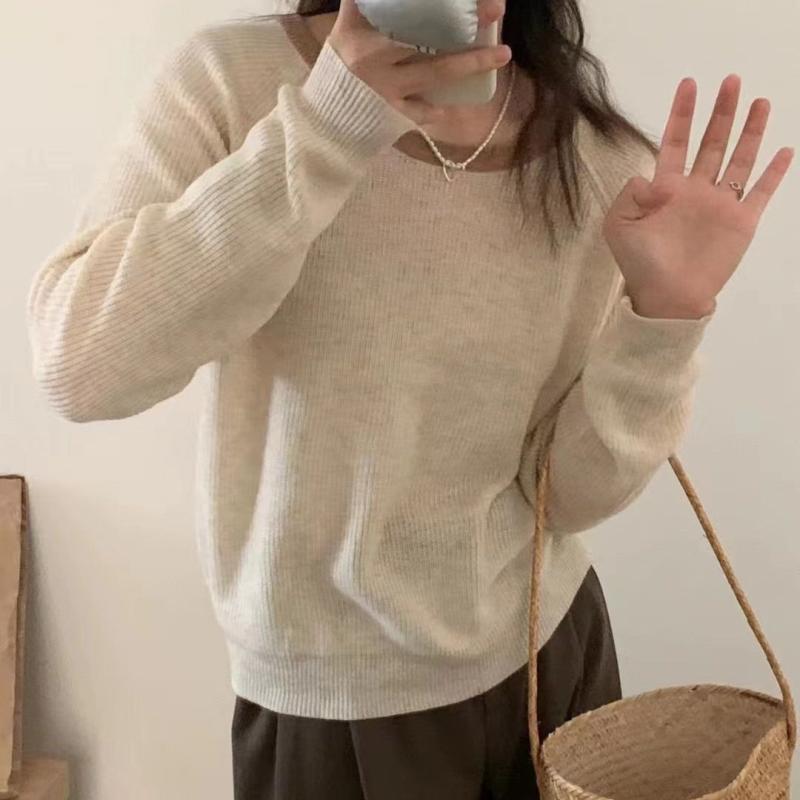 ニット レディース 春秋 韓国風 丸首 切り替え ニット セーター 女性用 長袖 トップス 配色 暖かい ふわふわ かわいい カジュアル ゆったり2