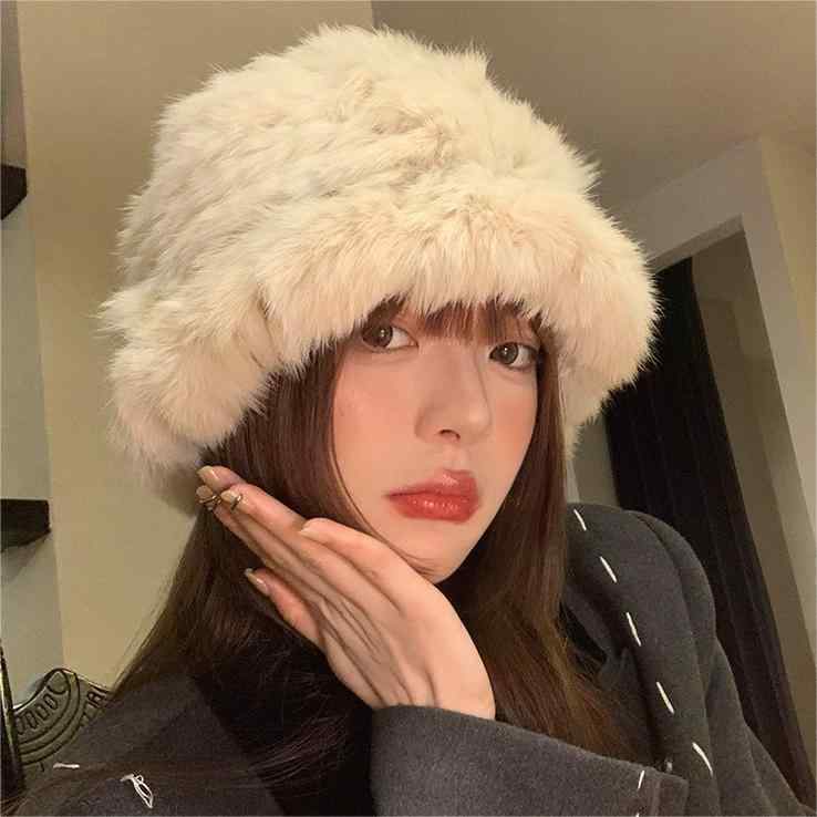 帽子 レディース 冬 兔毛 あったか 小顔効果 ふわふわ かわいい 漁夫帽 バケットハット 大頭囲 防寒 耳あて付き2