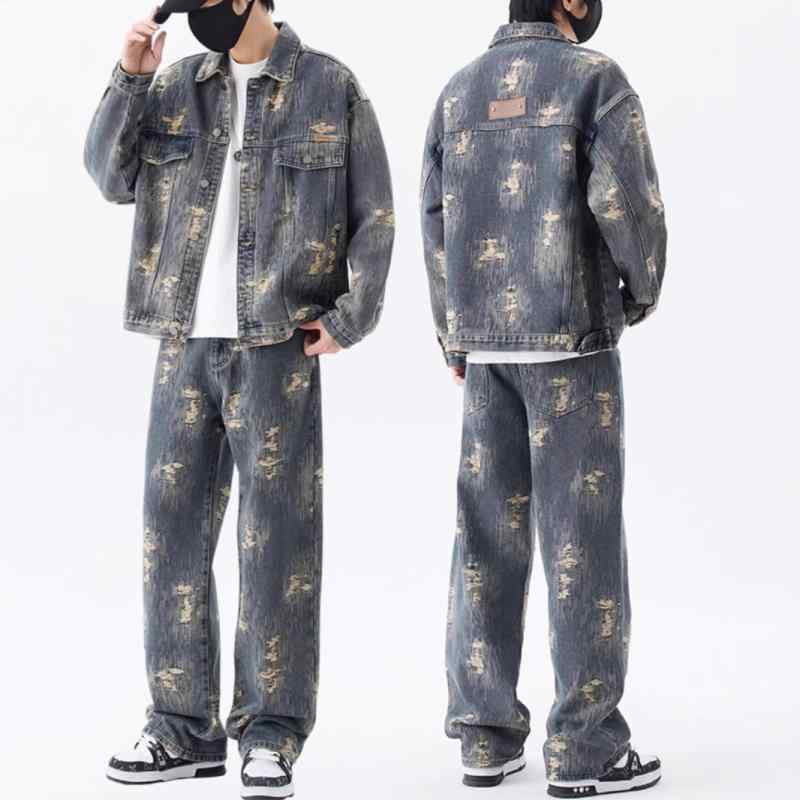 ジャケット メンズ 男性用 デニムジャケット デニムパンツ セットアップ 春秋 ハイストリート レトロ ヴィンテージ かっこいい テーパード ゆったり