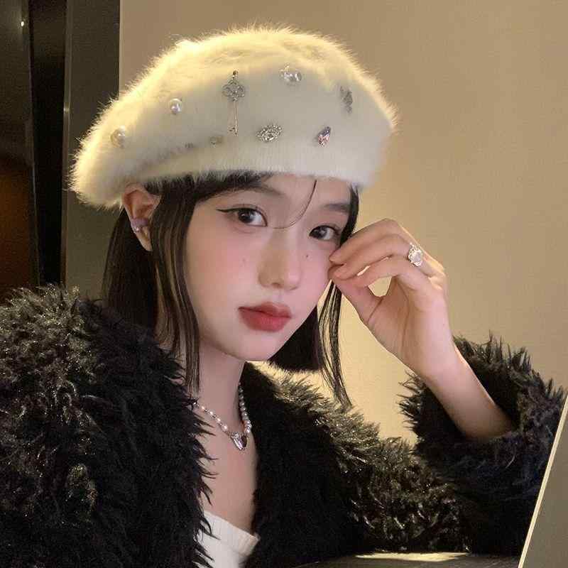 ベレー帽 レディース 秋冬 韓国 小顔効果 ファー 画家帽子 日系 大頭囲 白 帽子2