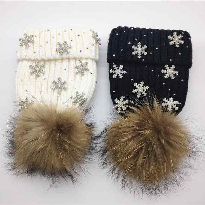 帽子 レディース 秋冬 雪柄 ニット帽 保温 水晶 ラインストーン 飾り 暖かい 裏起毛 厚手 ウール 帽子 リアルファー ポンポン付き