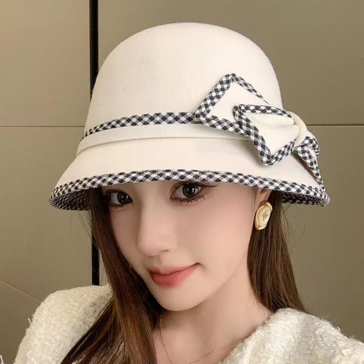 帽子 レディース 秋冬 ウール ハット 格子柄 リボン バケットハット 旅行 ストリート スナップ エレガント お嬢様風 帽子 上品2