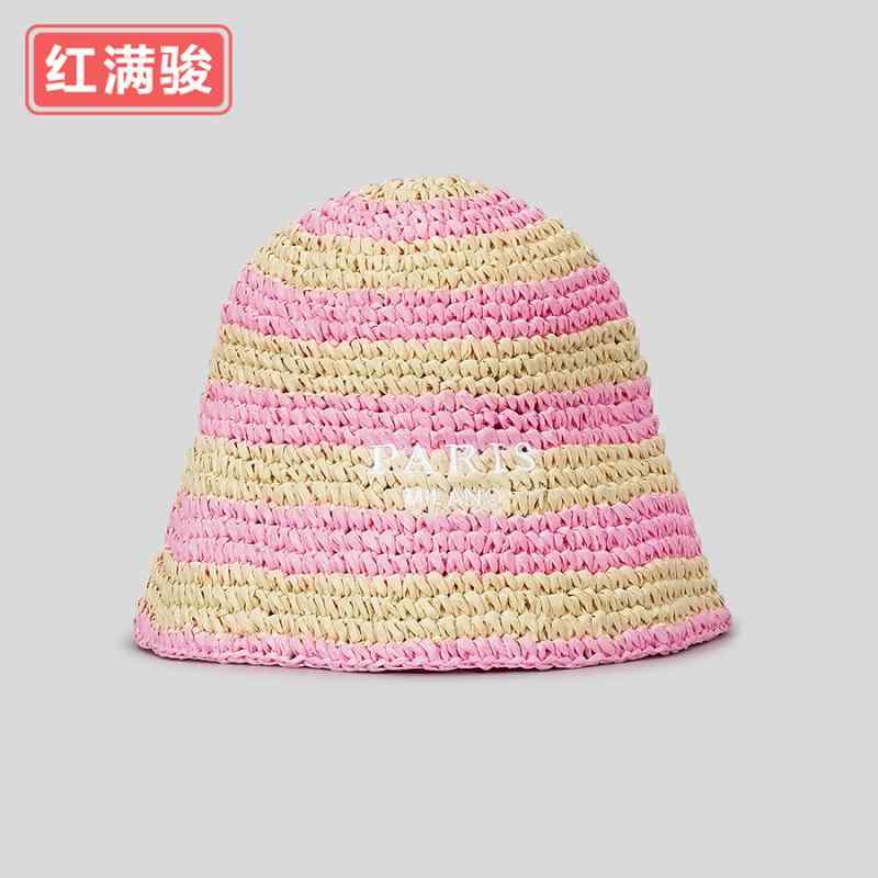 麦わら帽子 レディース ストライプ 切り替え 手編み 刺繍ロゴ 日焼け防止 漁夫帽 インスタ かわいい 春夏2