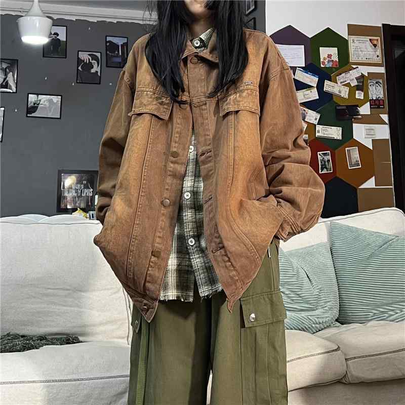 ジャケット メンズ 男性用 デニム 春秋 美品 ビンテージ カフェ色 ワークジャケット ジャンパー ブルゾン ゆったり 高見え