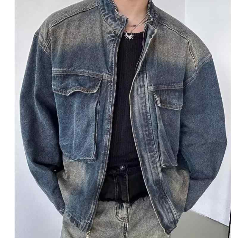 ジャケット 男性用 デニム 立襟 ビッグポケット ブルゾン ジャンパー アウター 秋冬 豪華感 カジュアル ワーク ウェア