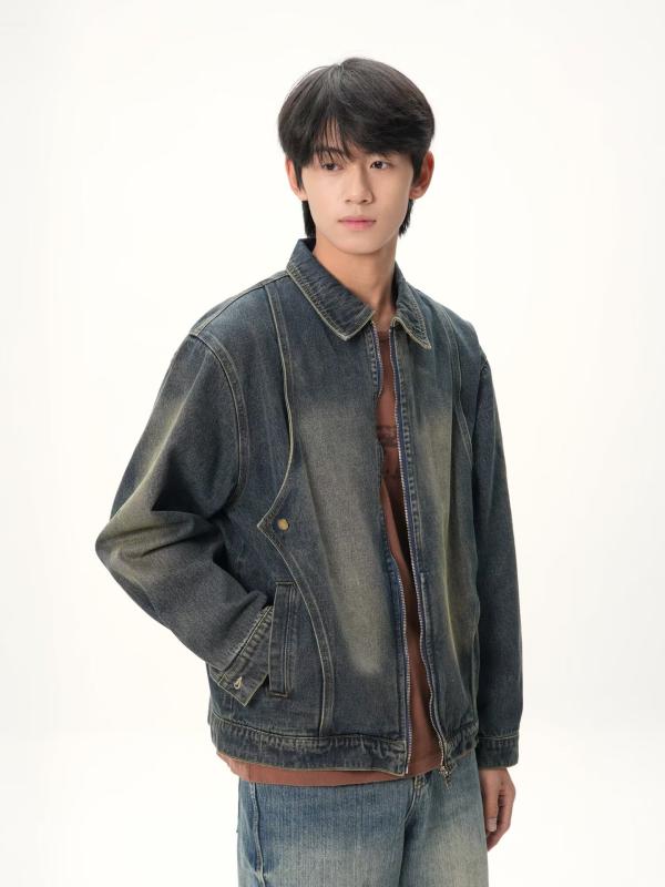 ジャケット 男性用 デニム ウォッシュ加工 ジップアップ ブルゾン ゆったり アウター 春秋 カジュアル 普段使い