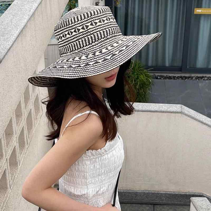 麦わら帽子 レディース 春夏 ストリート 草編み 日よけ帽子 かわいい おしゃれ モノクロ 格子柄 小顔効果 紫外線対策 旅行 散歩 リゾート