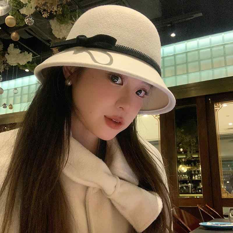 帽子 レディース 秋冬 保温 ウール ハット レトロ かわいい 蝶結び あったか 小顔効果 ヘップバーン風 丸い 漁師帽 バケットハット