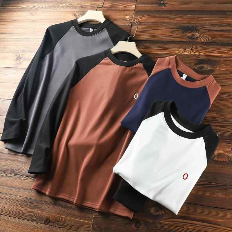 Tシャツ 男女兼用 レトロ 双面ドロン 暖か インナー 長袖 トップス 切り替え 刺・墸 保温 クルーネック