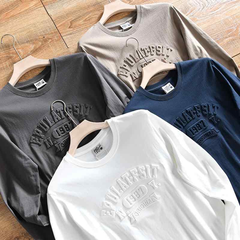 Tシャツ メンズ 男性用 全綿 通気性 長袖 カットソー アメリカン レトロ 丸首 無地 インナー 3D 凸凹 エンボス