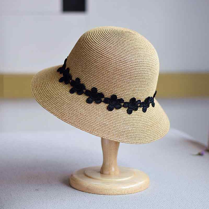 麦わら帽子 レディース 黒白 レース 小花柄 UVカット 紫外線対策 編み込み 折りたたみ2