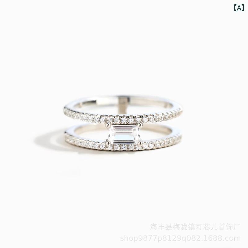 指輪 レディース s925 シルバー リング シンプル ファッション ジュエリー 径方形 カット ダブルリング 欧美風 かわいい おしゃれ プレゼント ギフト