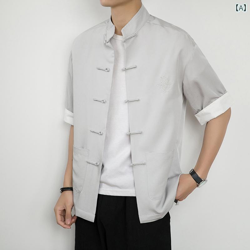 シャツ メンズ 男性用 刺繍 チャイナ風 開襟シャツ カジュアル 半袖 トップス 切り替え 普段使い