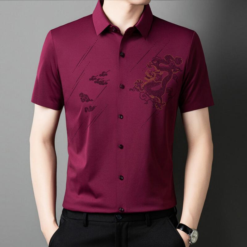 シャツ メンズ 男性用 レッド 中国龍 ドラゴン スパンコール 半袖 ミドルエイジ シニア 紳士服 トップス
