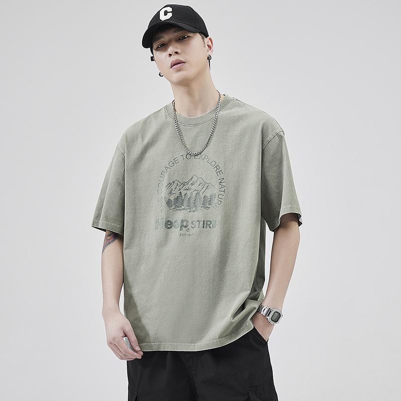 Tシャツ 男性用 半袖 コットン ウォッシュ加工 ゆったりサイズ ドロップショルダー プリント