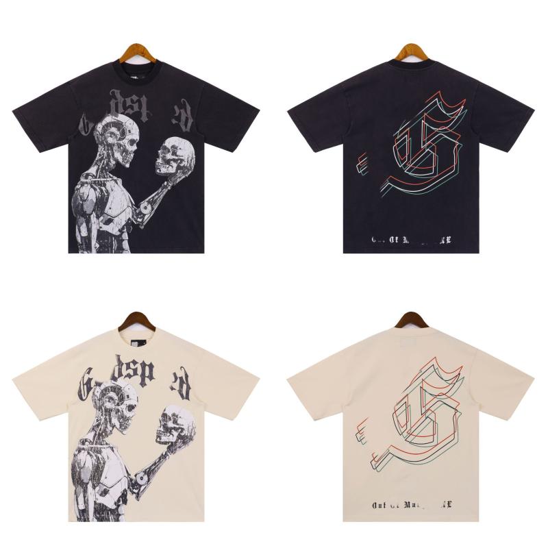 Tシャツ 男性用 水洗い Godspeed スカル ロボット柄 丸首 半袖 夏 カジュアル トップス 普段使い