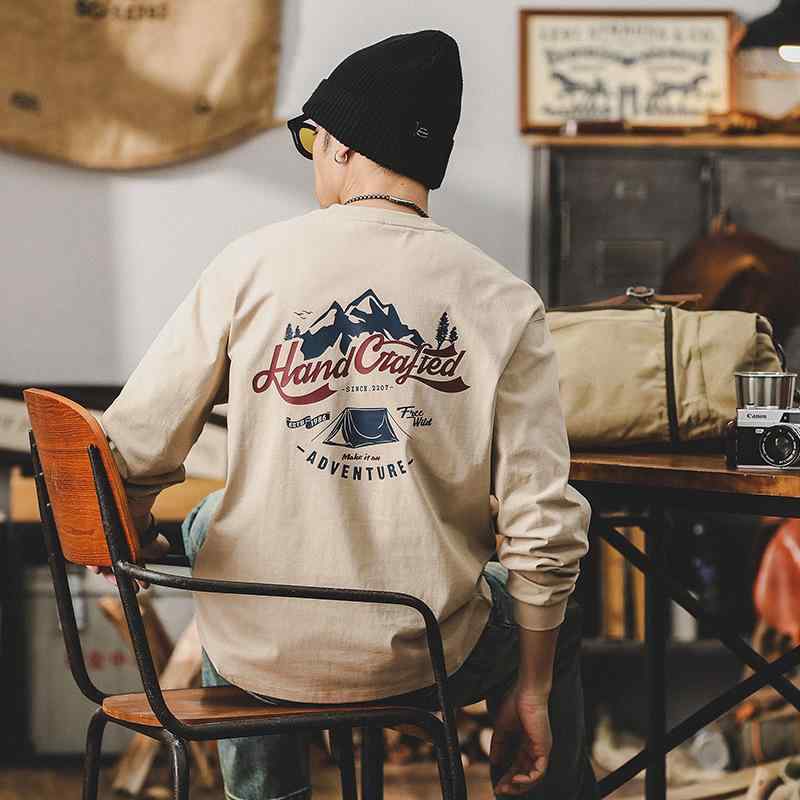 Tシャツ メンズ 男性用 長袖 美式 山系 プリント 綿 ゆったり トップス カットソー 260g ヘビーウェイト ダブルステッチ 普段使い