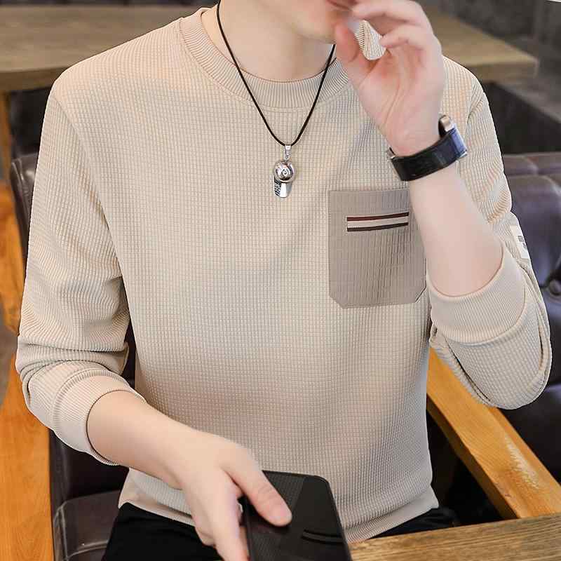 Tシャツ メンズ 男性用 長袖 春秋 ?松 ワッフル生地 スウェット 個性的な胸ポケット付き 丸首 インナー
