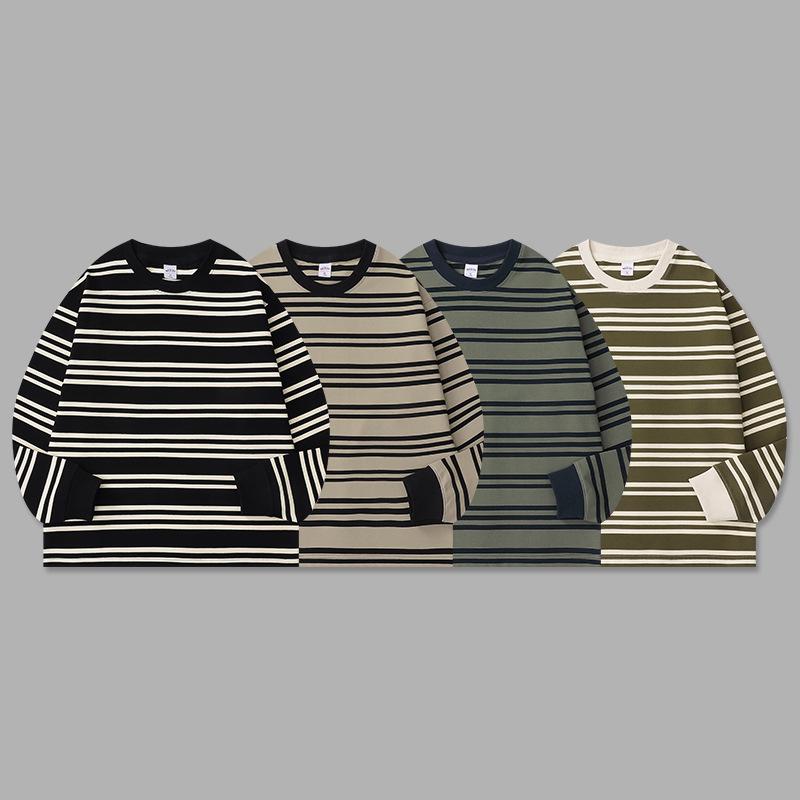 Tシャツ 男性用 レトロ ウォッシュド コットン カレッジスタイル クルーネック ゆったりめ 配色 ボーダー リブ袖 長袖 普段使い