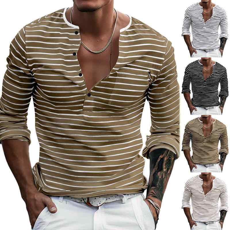 Tシャツ メンズ 男性用 秋冬 長袖 スリムフィット ヘンリーネック カットソー ボーダー柄2