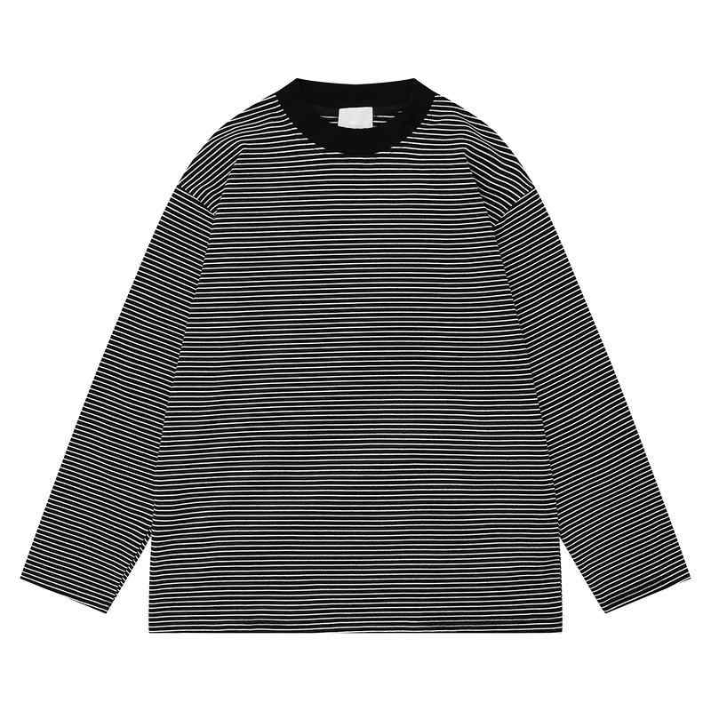 Tシャツ 男性用 切り替え 黒白ボーダー柄 レトロ ラウンドネック 長袖 トップス ゆったり 薄手 普段使い