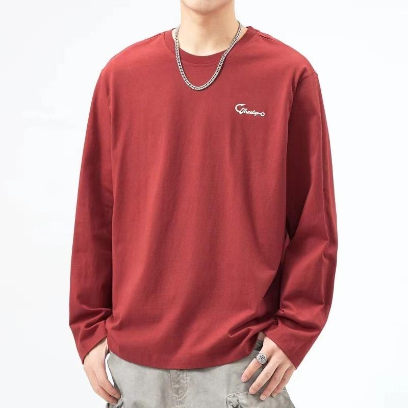 Tシャツ 男性用 長袖 秋物 厚手 綿 ゆったり トップス レッド 赤 カジュアル
