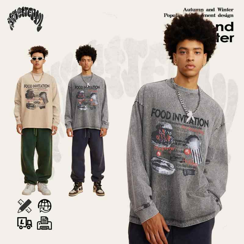 Tシャツ 男性用 ゆったり 綿 ウォッシュ加工 ホワイト 白 長袖 アメカジ 古着風2