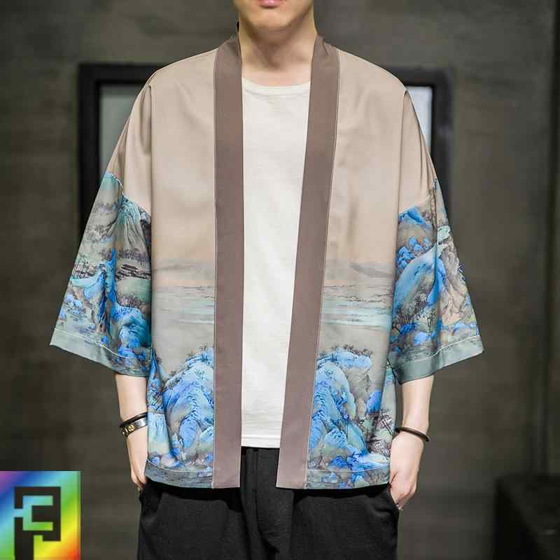 シャツ 男性用 開襟シャツ 冷感シャツ 薄手 中国風 国画風 開衫 改良風 プリント 接触冷感 ５分袖
