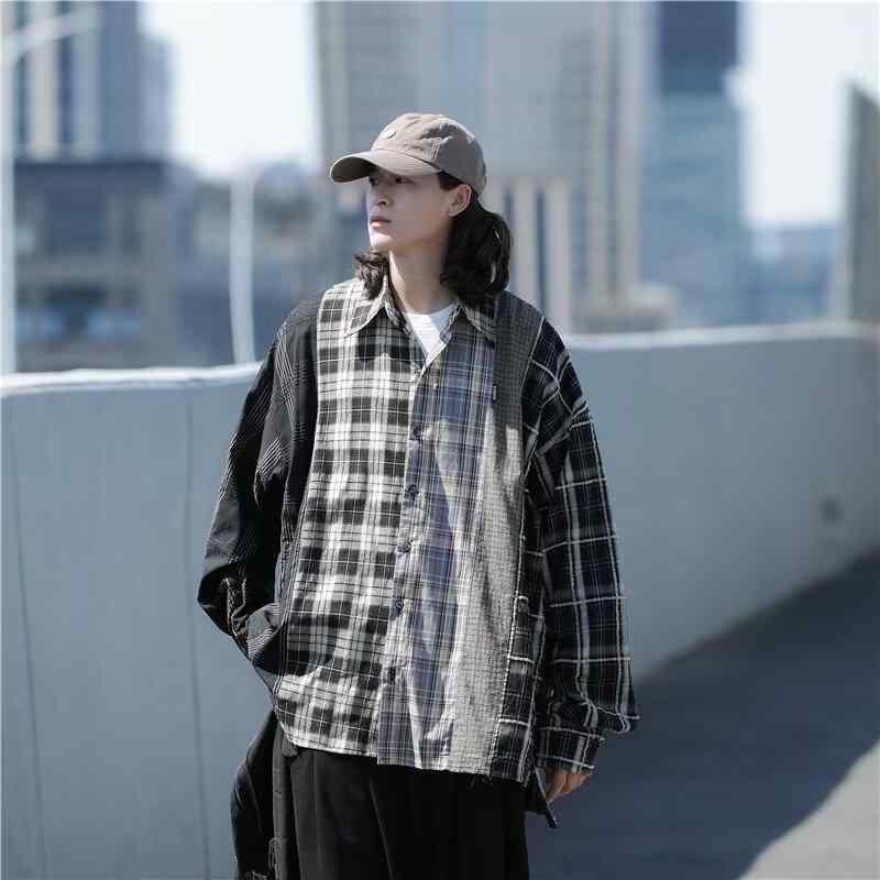 シャツ メンズ 男性用 春秋 長袖 ゆったり アウター 切り替え チェック柄 インスタ映え 不規則