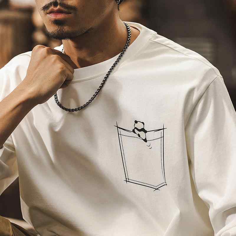 Tシャツ 男性用 レトロ パンダ柄 トップス ヘビーウェイト 長袖 秋物 厚手 アメカジ カジュアル
