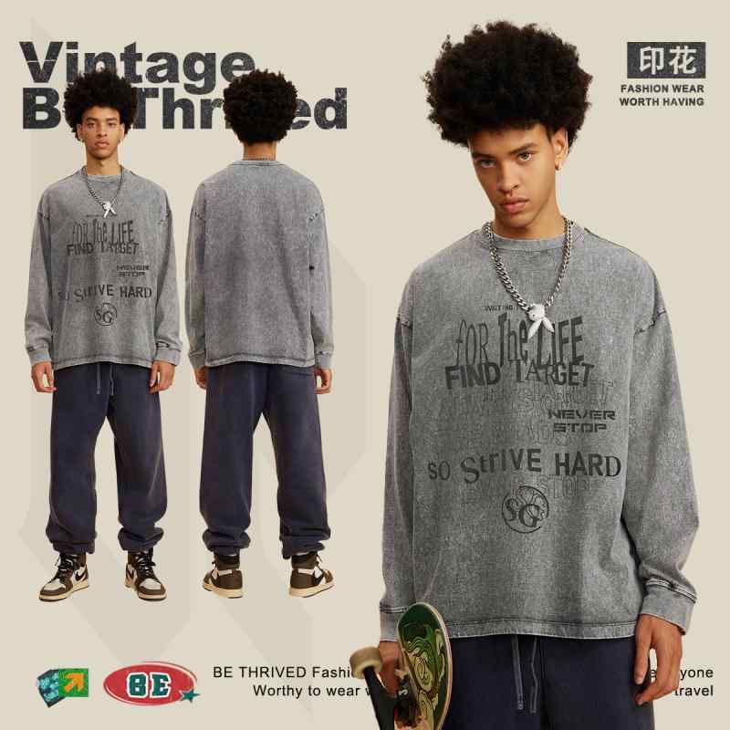 Tシャツ メンズ 男性用 水洗い プリント トップス ?松 カジュアル 長袖 アルファベット ラウンドネック 秋冬2