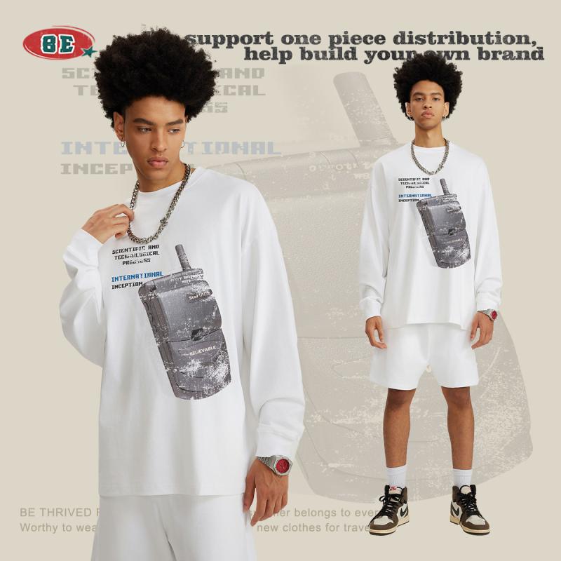 Tシャツ メンズ 男性用 秋冬 ゆったりサイズ アメリカンレトロ 携帯電話プリント 長袖 トップス カットソー ラッキーアイテム 普段使い2