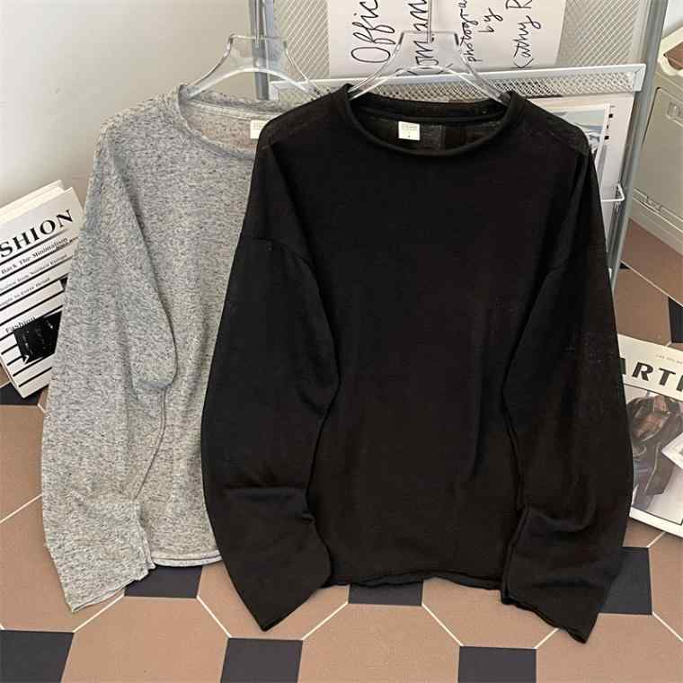 Tシャツ メンズ 男性用 春秋 長袖 ドロップショルダー ラウンドネック ローネック インナーシャツ